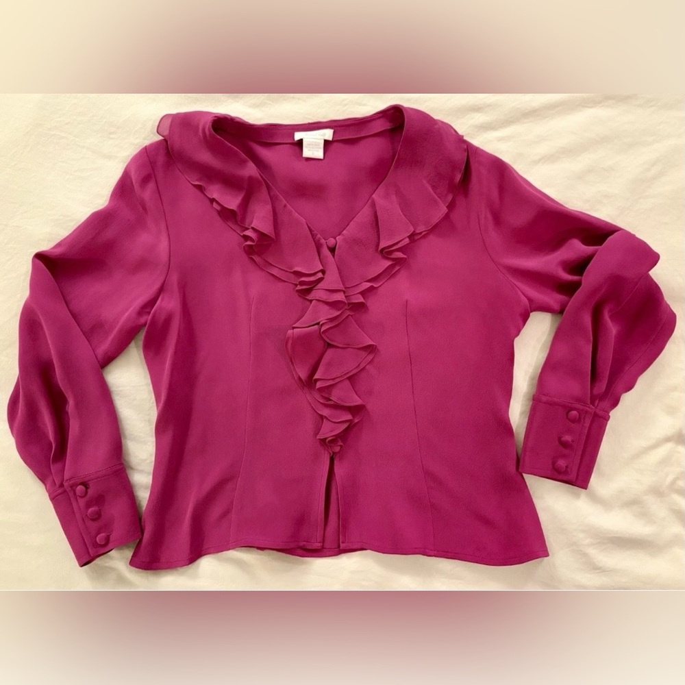 VTG Marshall Fields 100% Silk Button‎ Up Blouse Ruffles Magenta Pink Size 6